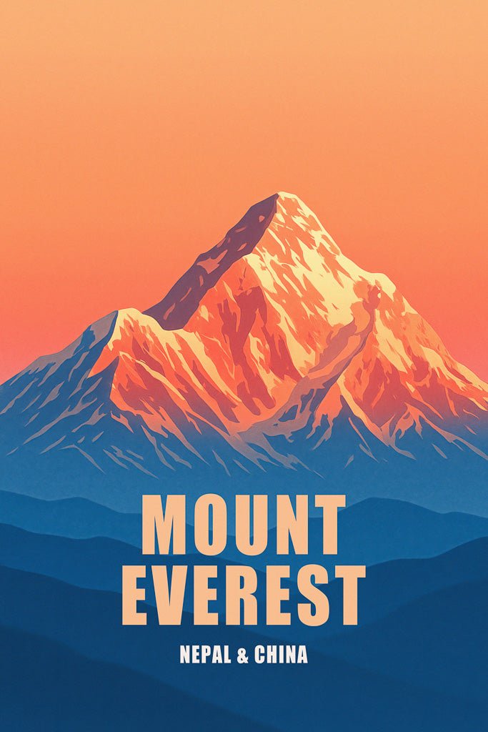 Minimalist sunrise poster of Mount Everest, stylized in orange and blue, with English text.