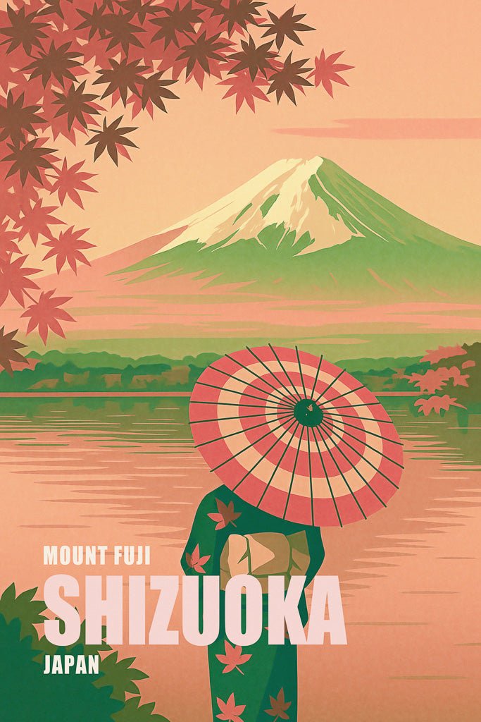 Stylized Mount Fuji print featuring a person in a kimono with umbrella, autumn leaves, and Japanese scenery in Shizuoka.