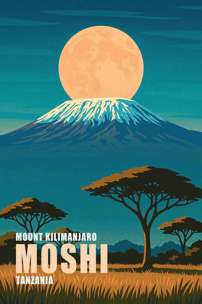 Stylized Mount Kilimanjaro print showing a glowing full moon behind the snowy peak and African trees in Moshi, Tanzania.