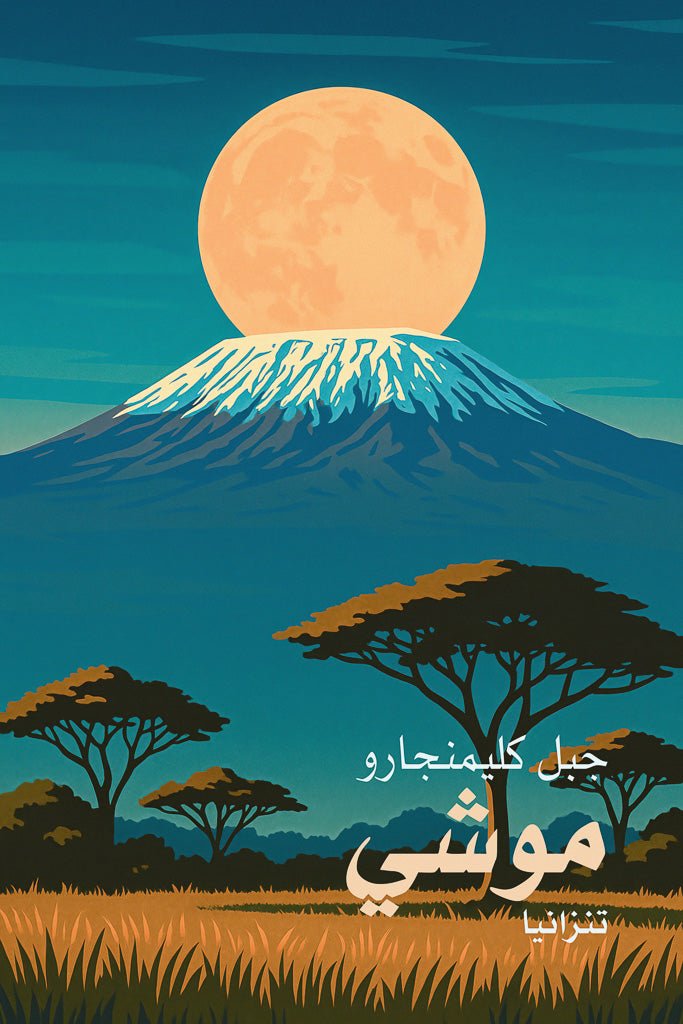 Stylized Mount Kilimanjaro print showing a glowing full moon behind the snowy peak and African trees in Moshi, Tanzania.