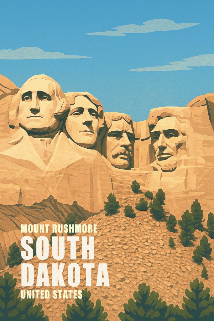 Illustrated Mount Rushmore print featuring four U.S. presidential sculptures in golden rock, set in South Dakota, USA.