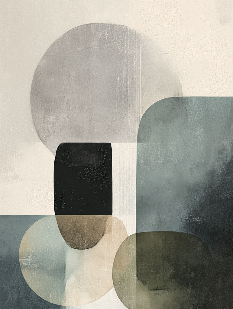 Abstract art with geometric shapes in muted colors on a textured background