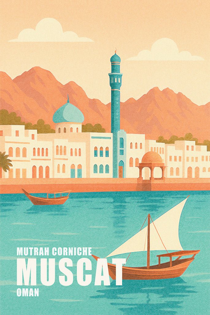 Illustrated wall print of Mutrah Corniche in Muscat, Oman, with traditional boat and coastal skyline.