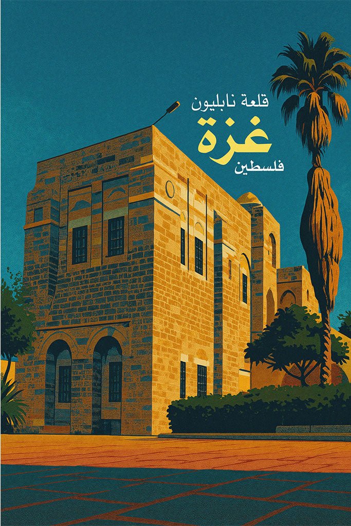 Vintage travel poster of Qasr al Basha (Napoleon’s Fort) in Gaza City, stone façade and palm under a deep blue evening sky.