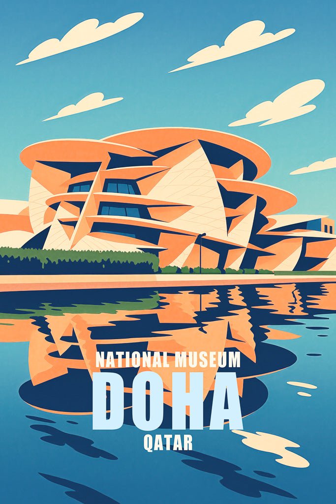 Stylized digital art of the National Museum of Qatar in Doha with sky and water reflection.
