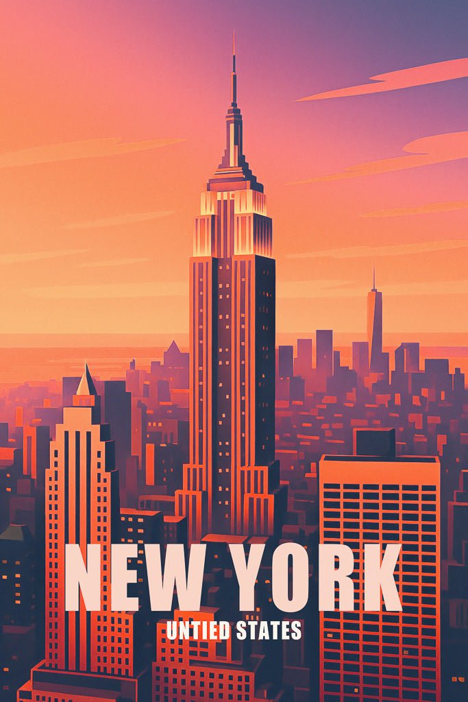 Sunset skyline digital illustration of the Empire State Building in New York City.