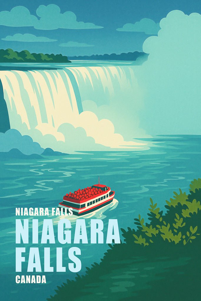 Illustrated art print of Niagara Falls Canada with a boat cruising below the waterfall.