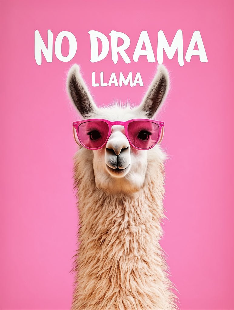 A playful art print of a llama wearing pink sunglasses, with the words “No Drama Lama” in bold text, set against a vibrant pink background.