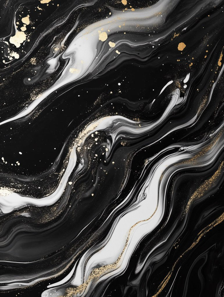 Black, white, and gold flowing abstract marble pattern wall art print