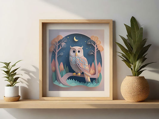 A framed digital artwork titled "Olga the Owl" by FN Prints adorns the shelf, with two potted plants placed alongside. This captivating art print showcases an owl perched on a branch at night, featuring a crescent moon and stars against a backdrop of stylized trees and leaves.
