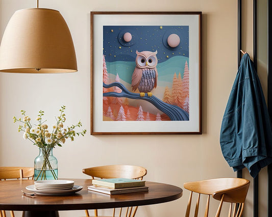 A cozy dining area featuring a round wooden table with chairs, a whimsical vase of flowers, and a few books. The striking Olivia The Owl artwork by FN Prints is framed above the scene, depicting an owl on a branch. This charming piece is beautifully illuminated by a warm pendant light overhead and complemented by the presence of a blue jacket on a nearby hook.