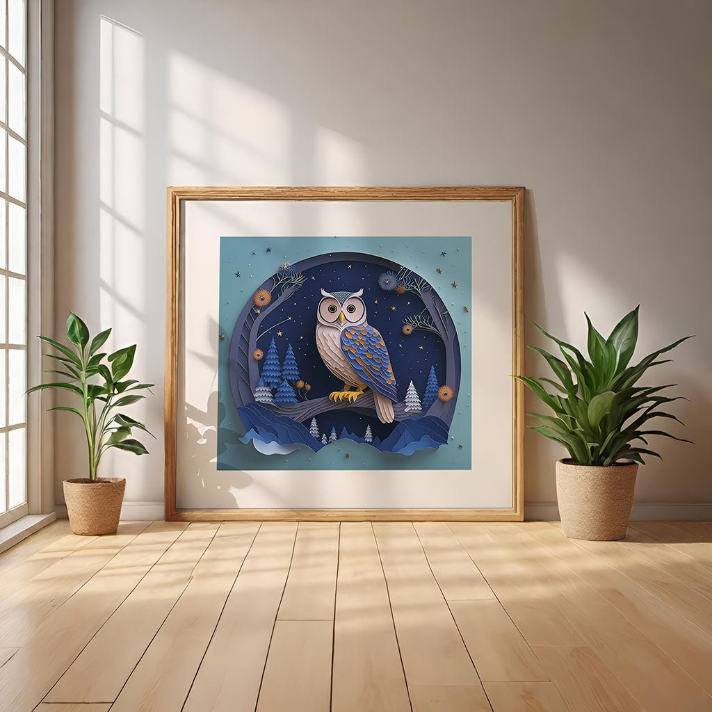 The Ophelia the Owl framed illustration from FN Prints brings whimsical design to life, showcasing an owl perched on a branch against a starry night sky. Positioned on a wooden floor between two potted plants, this digital artwork captures sunlight streaming through nearby large windows.