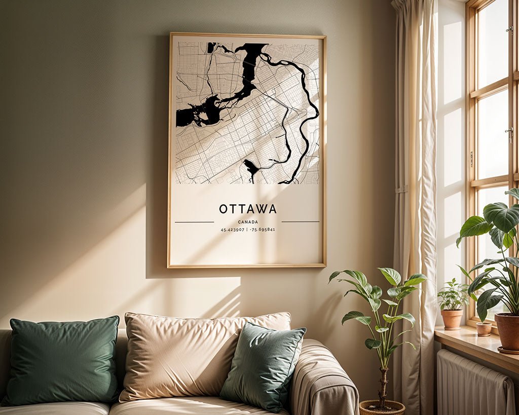 A cozy living room has a beige sofa accented with green and beige cushions, beneath a minimalist Ottawa City Map by FN Prints on museum-quality paper. Sunlight filters through sheer curtains, highlighting several potted plants.