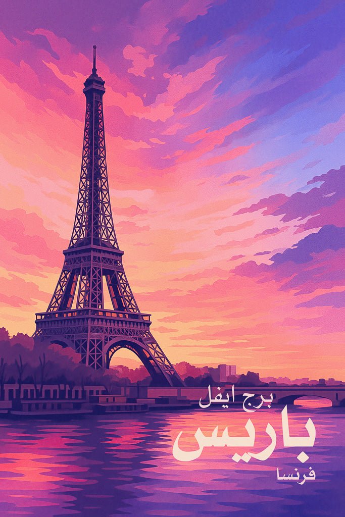 Eiffel Tower wall art with a colorful Paris sunset and Arabic calligraphy.