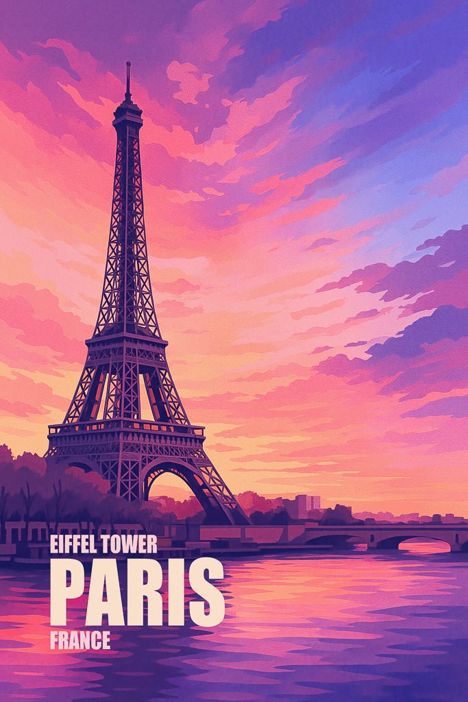 Eiffel Tower wall art with a colorful Paris sunset and English calligraphy.