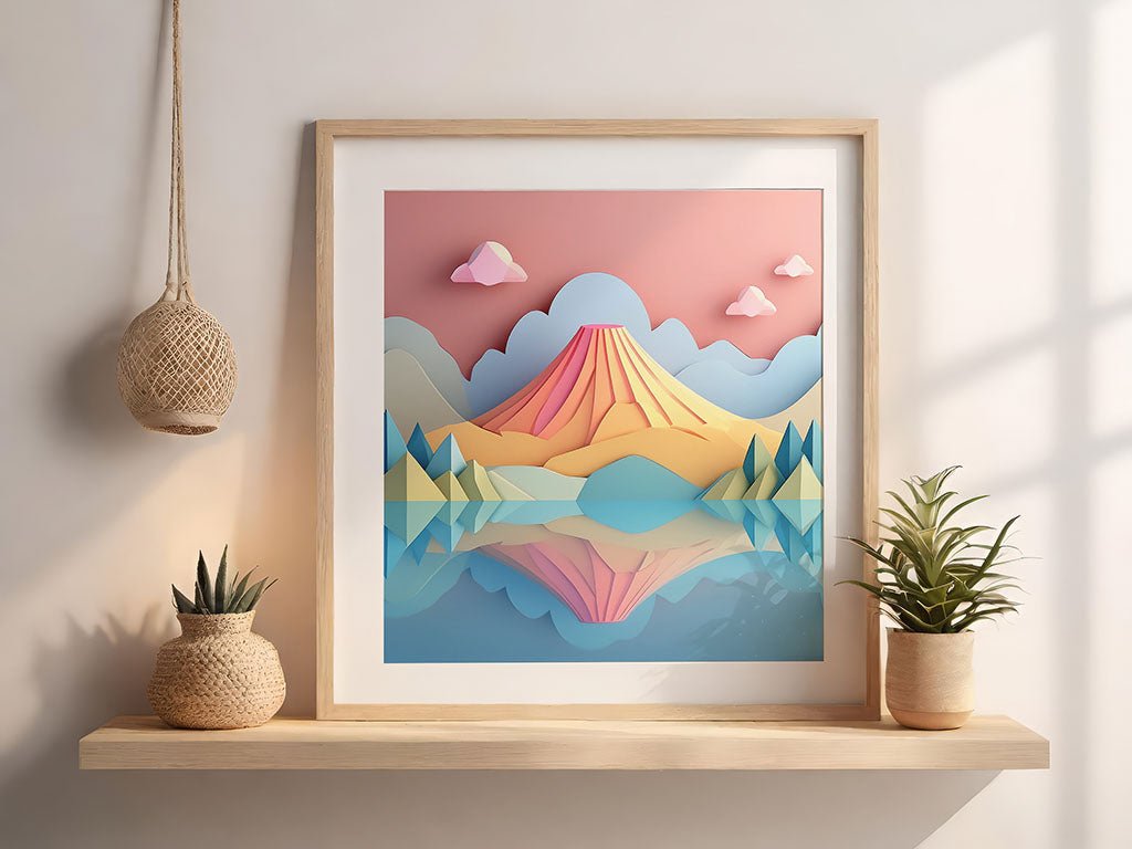 FN Prints' "Pastel Volcano," a framed artwork exemplifying artistic elegance, features a stylized landscape with a mountain and lake, encircled by trees and clouds. It is arranged on a shelf flanked by two potted plants, with sunlight casting shadows on the wall.