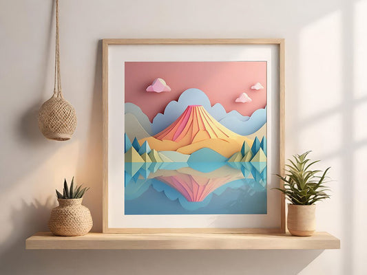 FN Prints' "Pastel Volcano," a framed artwork exemplifying artistic elegance, features a stylized landscape with a mountain and lake, encircled by trees and clouds. It is arranged on a shelf flanked by two potted plants, with sunlight casting shadows on the wall.