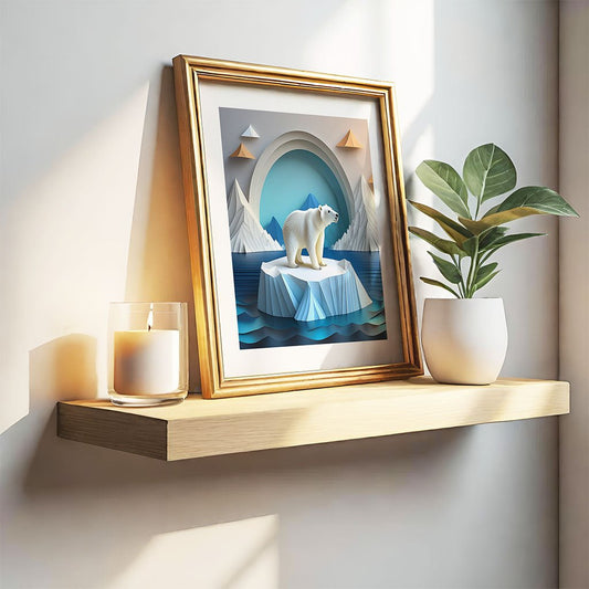 A framed print titled "Patrick The Polar Bear" by FN Prints, featuring an Arctic landscape with geometric elements and a polar bear on ice, is displayed on a wooden shelf. A lit candle and a small potted plant accompany it. Sunlight casts shadows on the wall, evoking a serene ambiance reminiscent of the folded paper effect.