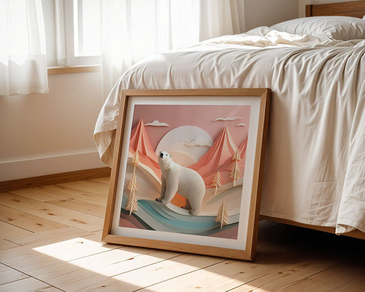 The framed digital art print, "Paz The Polar Bear" by FN Prints, features a polar bear on a stylized icy terrain amidst pink and orange mountains. It leans gracefully against a bed in a sunlit bedroom with wooden floors and sheer curtains, evoking an Arctic wonderland.