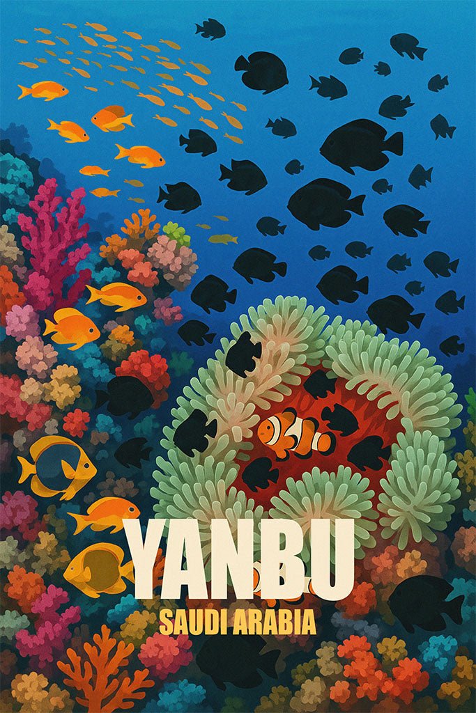 Underwater scene with colorful fish and coral, featuring the text 'YANBU Saudi Arabia'.
