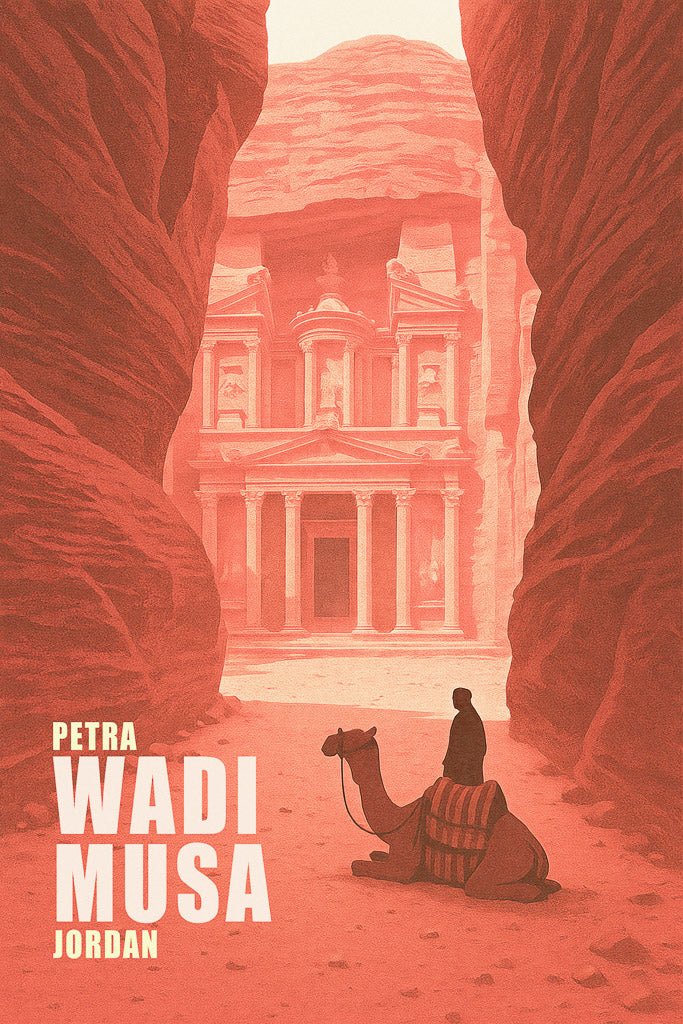 Illustrated vintage-style poster of Petra’s Treasury (Al-Khazneh) in Wadi Musa, Jordan, framed by red sandstone cliffs.
