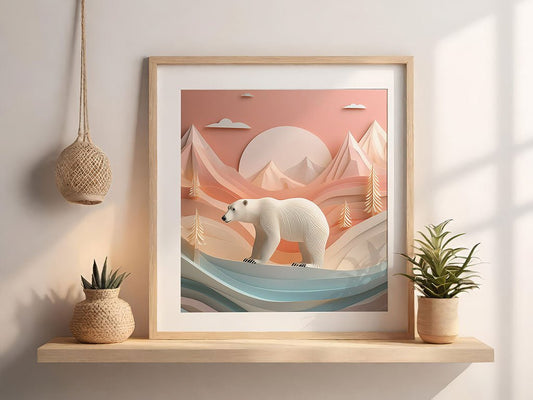 FN Prints' "Phoebe The Polar Bear" artwork showcases the majestic creature strolling across icy terrain in an Arctic setting, complete with stylized mountains and a prominent sun. Soft pastel hues enhance children's decor, while its frame sits on a shelf surrounded by two potted plants and a woven hanging basket.