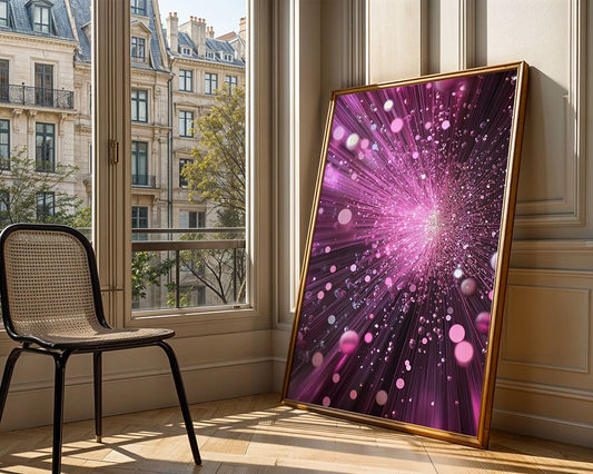 A framed digital artwork called "Pink Silver Explosion" by FN Prints, showcasing a vibrant pink starburst design, leans against a wall in a sunlit room. A chair complements the contemporary decor nearby, while the window provides a view of neighboring buildings and trees.
