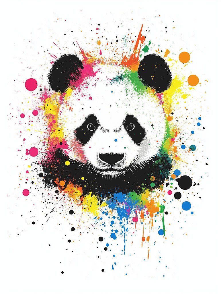 A vibrant art print of a panda’s face, surrounded by colourful paint splashes, capturing its playful expression and energetic spirit.