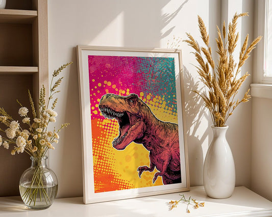 The Pop Art Dinosaur by FN Prints is a framed, colorful T. rex poster displayed on a table with vases and plants—ideal for bold dinosaur decor in any room.