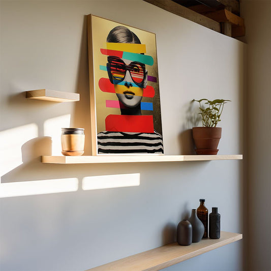 The Pop Visage wall art by FN Prints, featuring modern colorful stripes, hangs on a shelf beside a potted plant and jar. Below, decorative bottles rest on another shelf as sunlight casts shadows on the white wall.