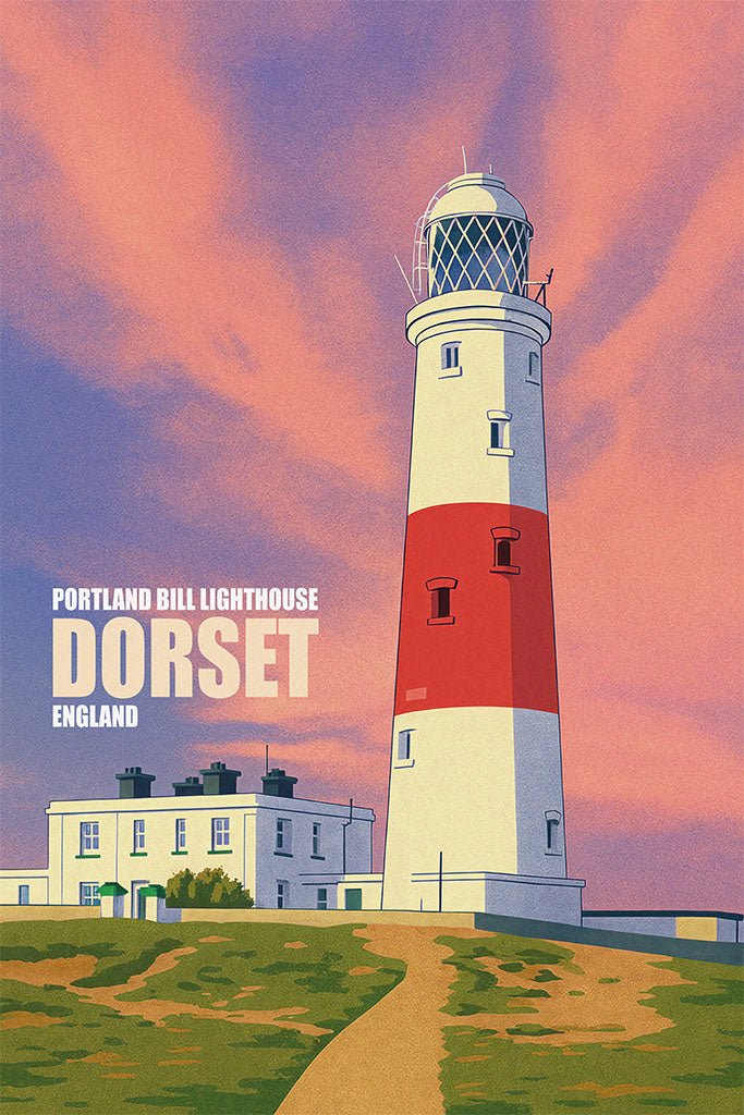 Illustration of Portland Bill Lighthouse in Dorset, England with a colorful sky.