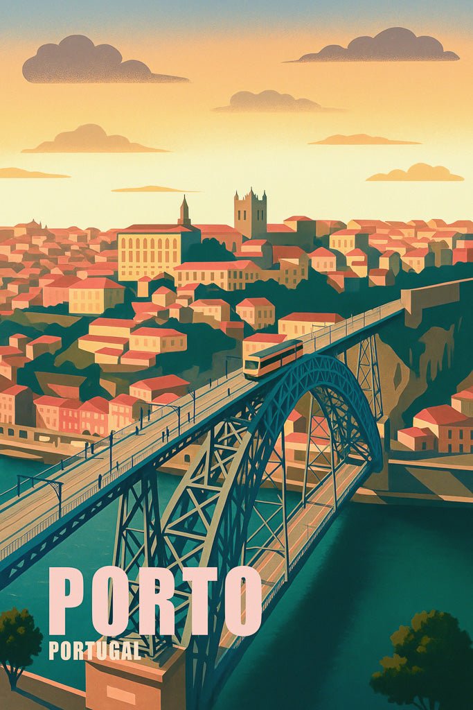 Vintage-style illustration of Dom Luís I Bridge in Porto, Portugal, with a tram crossing at sunset over the Douro River.