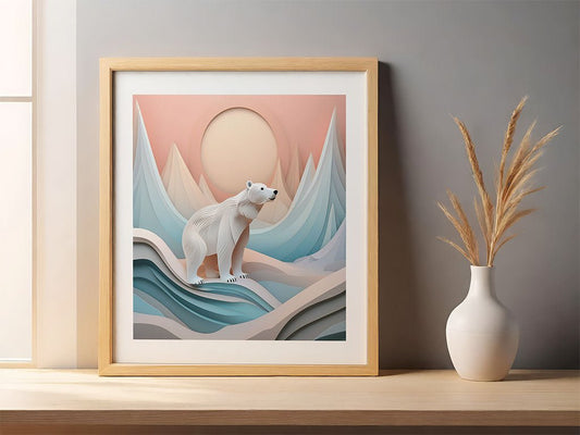 FN Prints' framed artwork, "Primrose The Polar Bear," showcases a polar bear with a folded paper effect standing on layered ice formations against an Arctic backdrop. This imaginative piece is displayed on a shelf next to a white vase containing dried grasses.