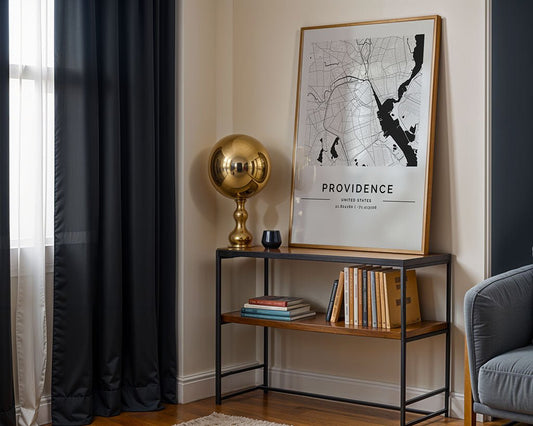 In a room corner, an FN Prints Providence City Map rests against the wall under the glow of a gold spherical lamp. A small table displays books and a candle, adding to the minimalist decor. Dark curtains drape over the left window, while a gray chair appears on the right.