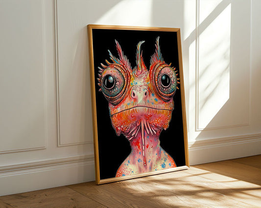 The *Psychedelic Chameleon* by FN Prints, a framed abstract digital artwork featuring a vibrant and whimsical creature adorned with large eyes and intricate patterns, leans against a white wall. Sunlight casts shadows on the wooden floor, enhancing the allure of this mesmerizing piece.