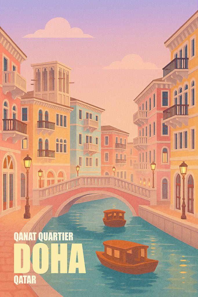 Wall art print of Qanat Quartier (قناة كاتينيا) in Doha, Qatar with pastel buildings and boats on a Venetian-style canal at sunset.