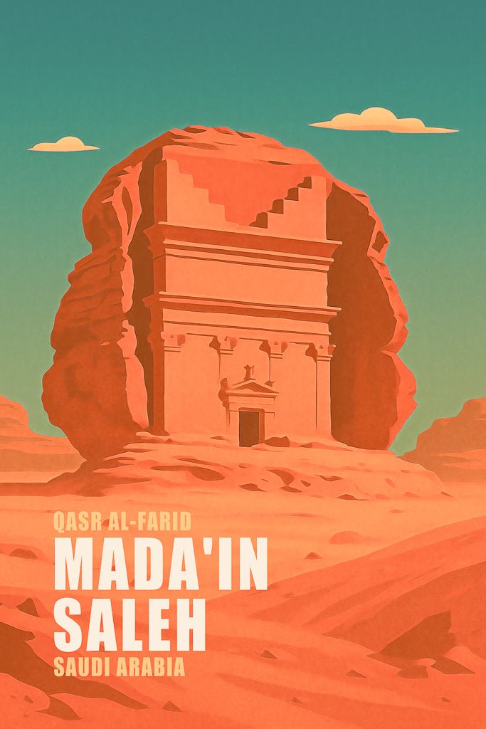 Illustration of Qasr al-Farid tomb in Madain Saleh, Saudi Arabia, with English text and red sandstone landscape.