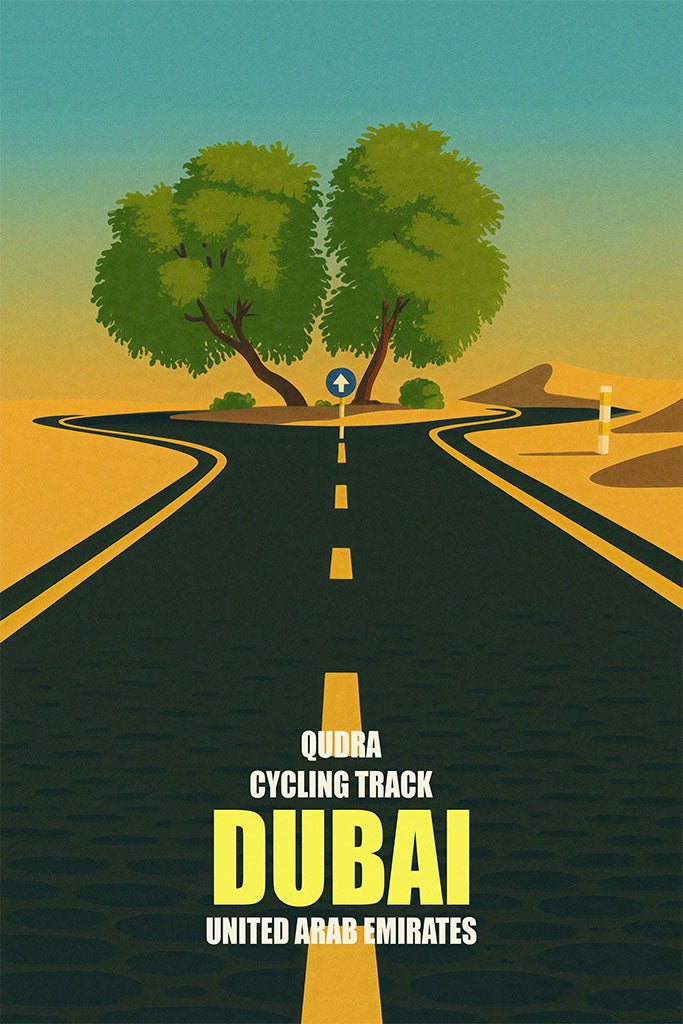 Road with trees on either side and text about Qudra Cycling Track in Dubai, United Arab Emirates.
