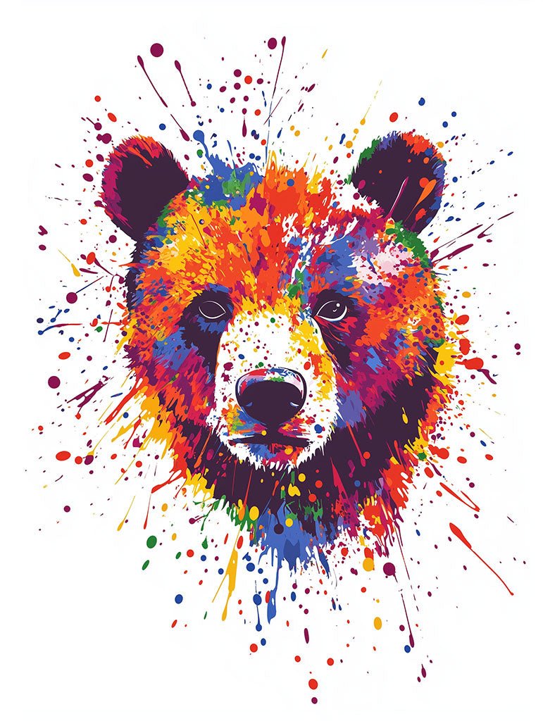 A vibrant art print of a bear’s face, surrounded by colourful paint splashes, capturing both strength and energy in a modern, abstract style.