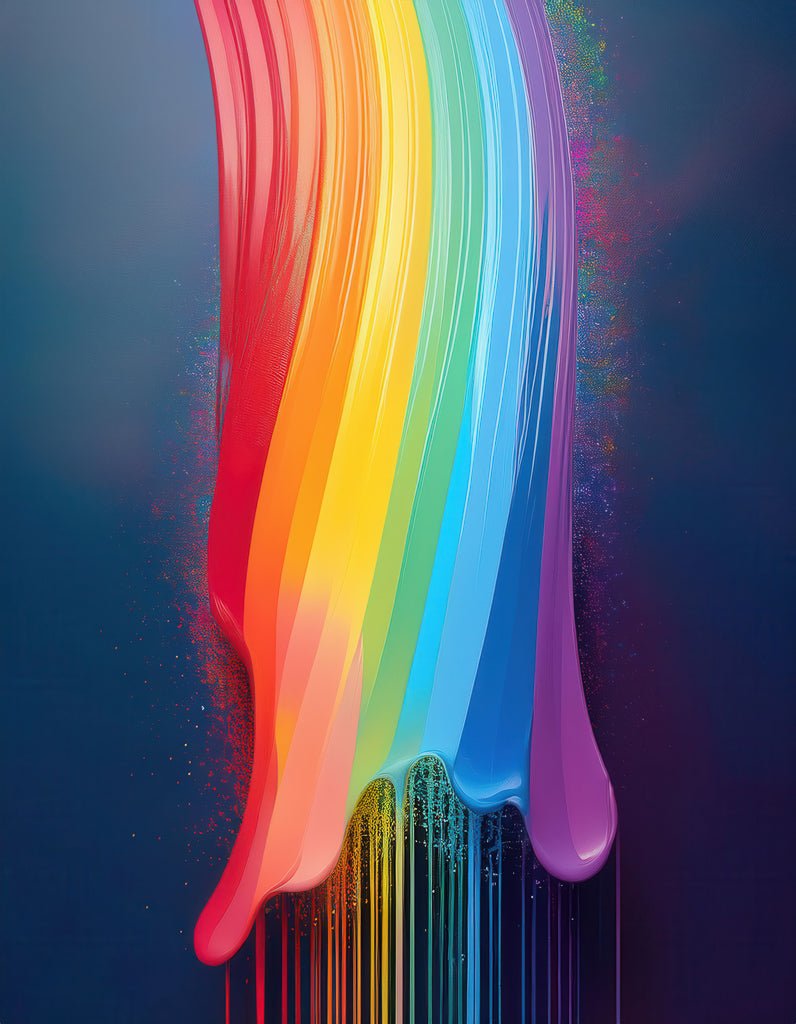 FN Prints' "Rainbow Cascade" is a stunning digital artwork that features a vibrant splash of paint creating a flowing rainbow of colors—red, orange, yellow, green, blue, and purple—against a dark background. The paint drips downward, adding dynamic and artistic elements to the abstract composition.