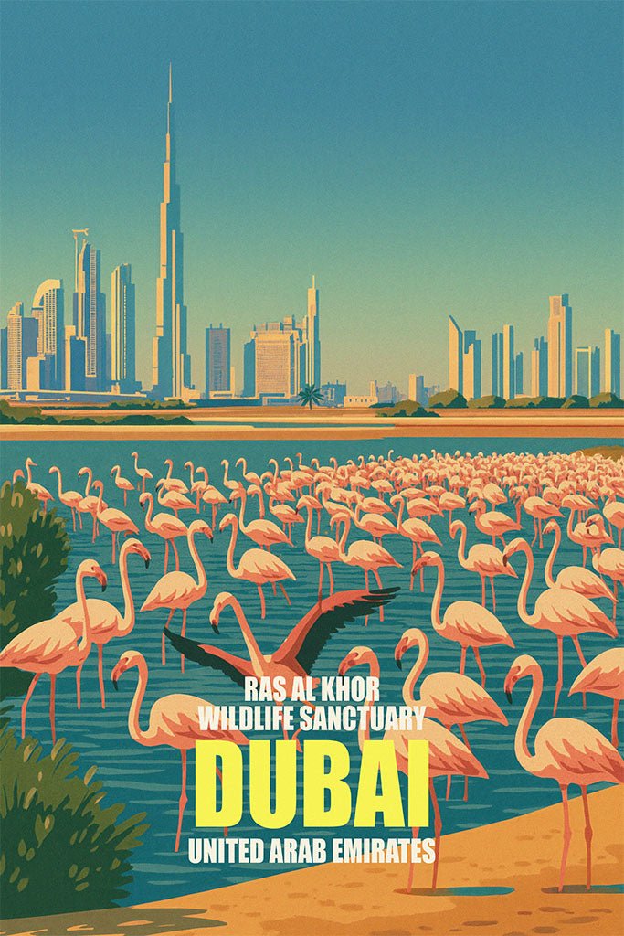 Illustration of Dubai with skyline and flamingos at Ras Al Khob Wildlife Sanctuary