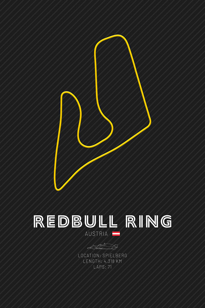 Minimalist art print showcasing the layout of the Redbull Ring F1 track in Austria, with a yellow outline on a sleek black background, capturing the essence of high-speed motorsport action.