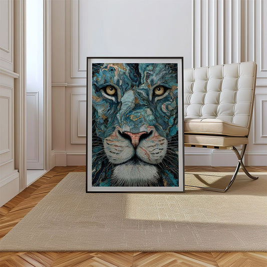 Regal Pulse by FN Prints features a framed lion in blue, gray, and brown tones on a beige rug in a modern room with wood floors and white walls—a stunning museum-quality piece for any contemporary space.