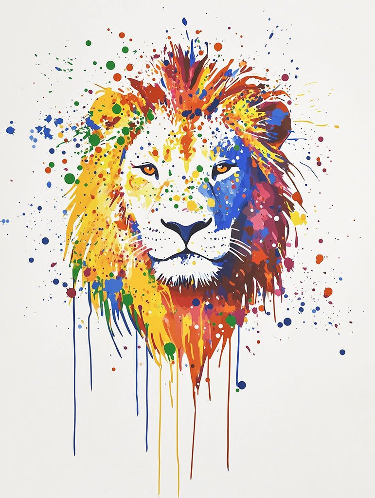 A vibrant art print of a lion, featuring colourful paint splashes around its face and mane, capturing its power and majesty in an abstract style.