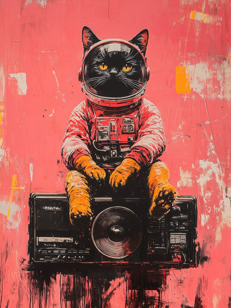 Black cat in a red astronaut suit sitting on a retro boombox with a hot pink textured background.