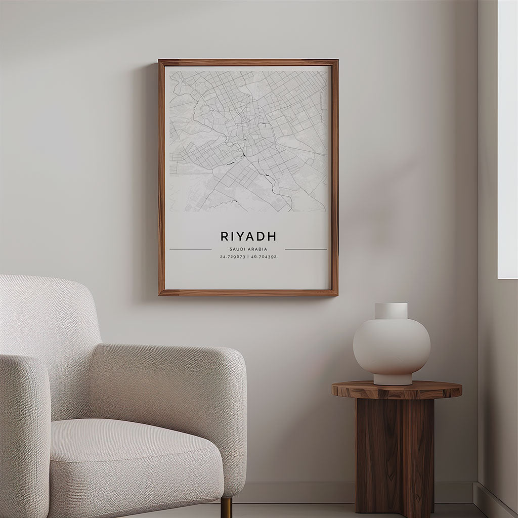 Riyadh (الرياض) City Map Poster, Black & White Wall Art by FN Prints, shown framed in a room setting
