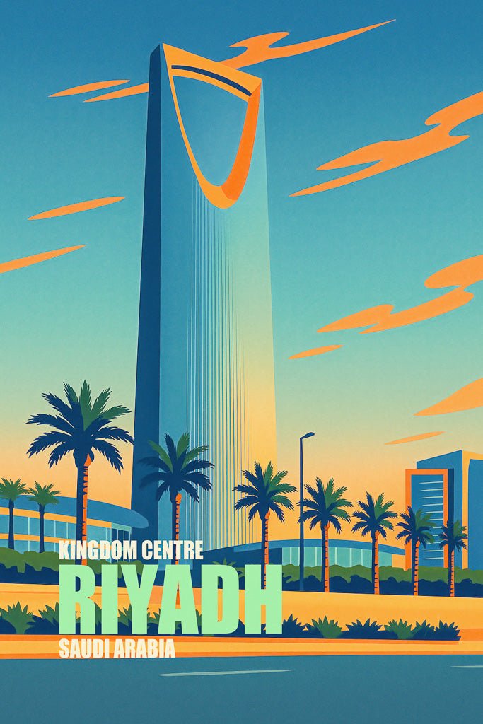 Illustrated poster of Riyadh skyline with Kingdom Centre Tower, palm trees, and English city name at sunset.