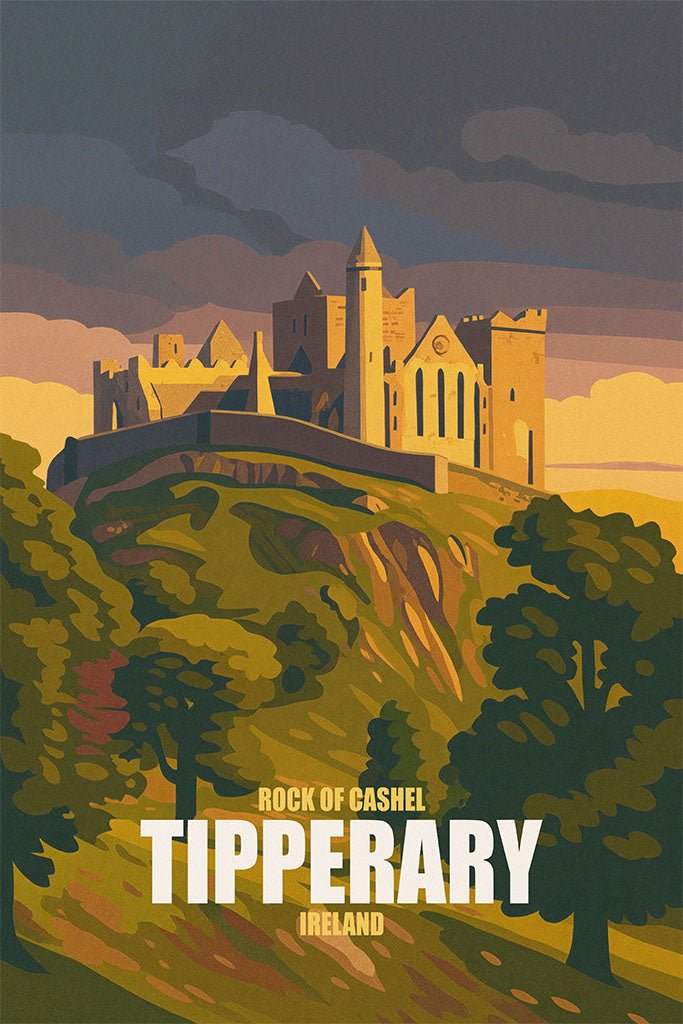 Vintage-style poster of the Rock of Cashel in Tipperary, Ireland with a castle on a hill and trees.