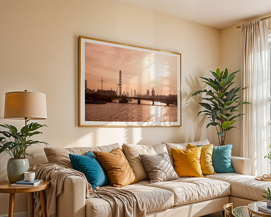 A cozy living room with a beige sofa, colorful throw pillows, a side table with a lamp, potted plants, and FN Prints’ Rose Gold London framed photograph hanging above the sofa.