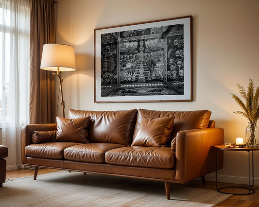 A living room with a brown leather sofa, floor lamp, round side table with a candle and vase, and “Sacred Ceiling” by FN Prints—striking Cambodian temple photography—framed in black and white above the sofa on a beige wall.
